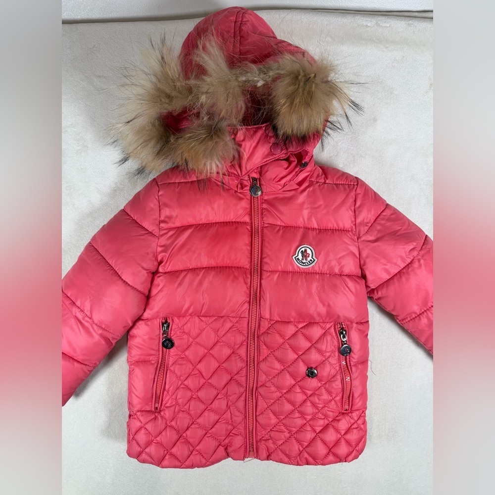 Moncler Pink Quilted Kids Size XL US 5T Jacket with Fur Trim Luxury Designer - Picture 2 of 11